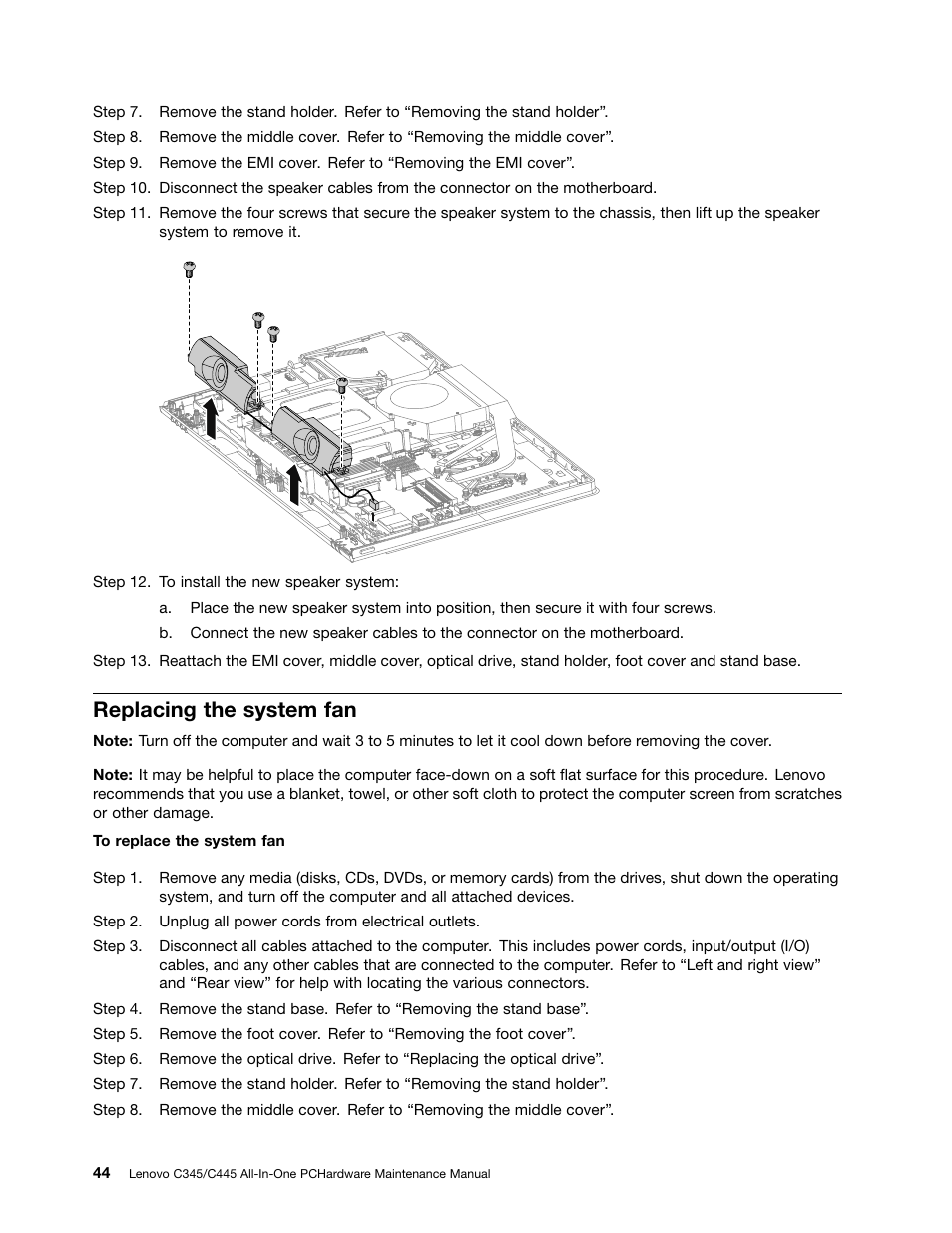Replacing the system fan | Lenovo C445 All-in-One User Manual | Page 50 / 65