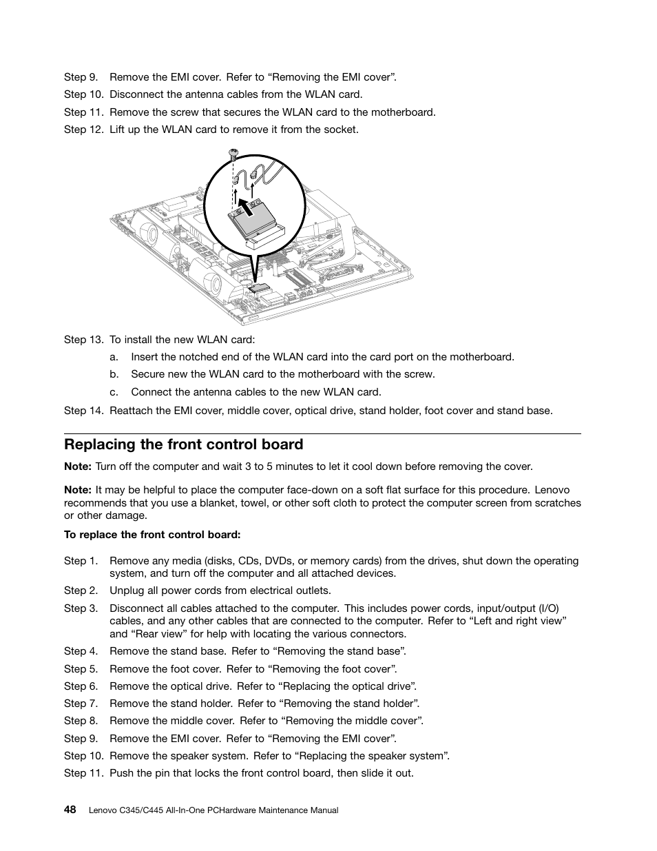 Replacing the front control board | Lenovo C445 All-in-One User Manual | Page 54 / 65