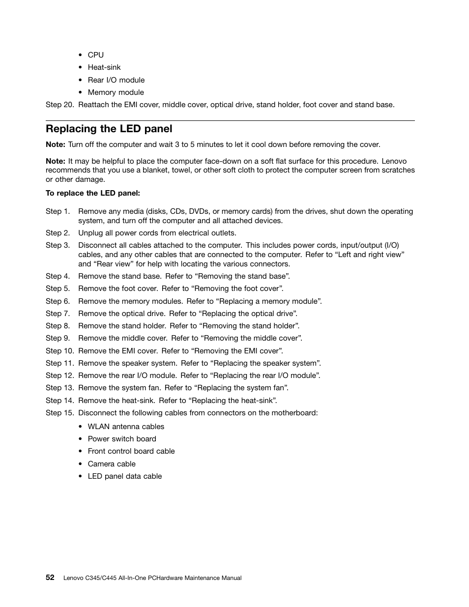 Replacing the led panel | Lenovo C445 All-in-One User Manual | Page 58 / 65