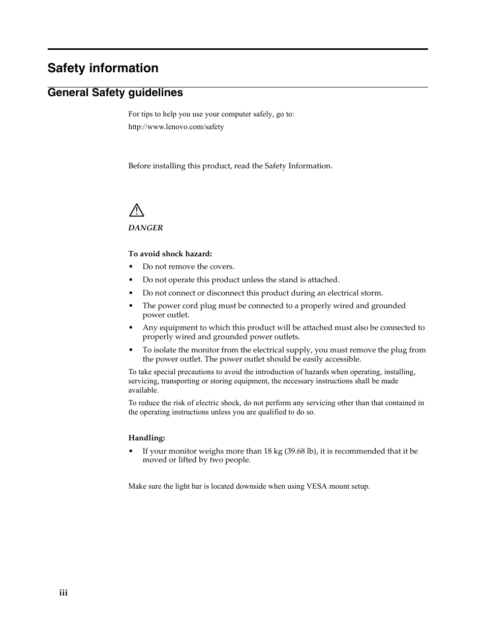 Safety information, General safety guidelines | Lenovo LI2331 Wide Flat Panel Monitor User Manual | Page 4 / 31