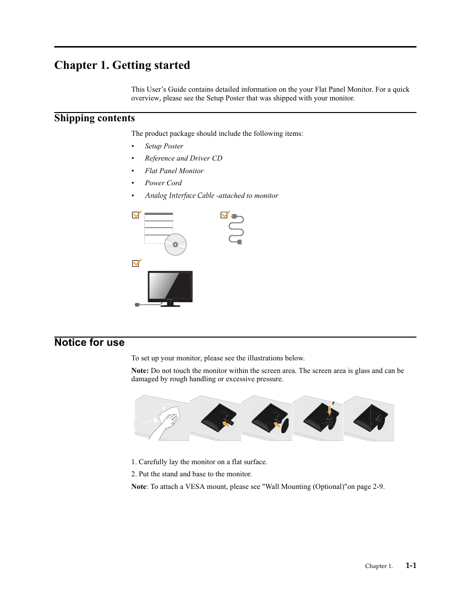 Chapter 1. getting started, Shipping contents, Notice for use | Chapter 1. getting, Shipping contents -1, Notice for use -1 | Lenovo LI2331 Wide Flat Panel Monitor User Manual | Page 5 / 31