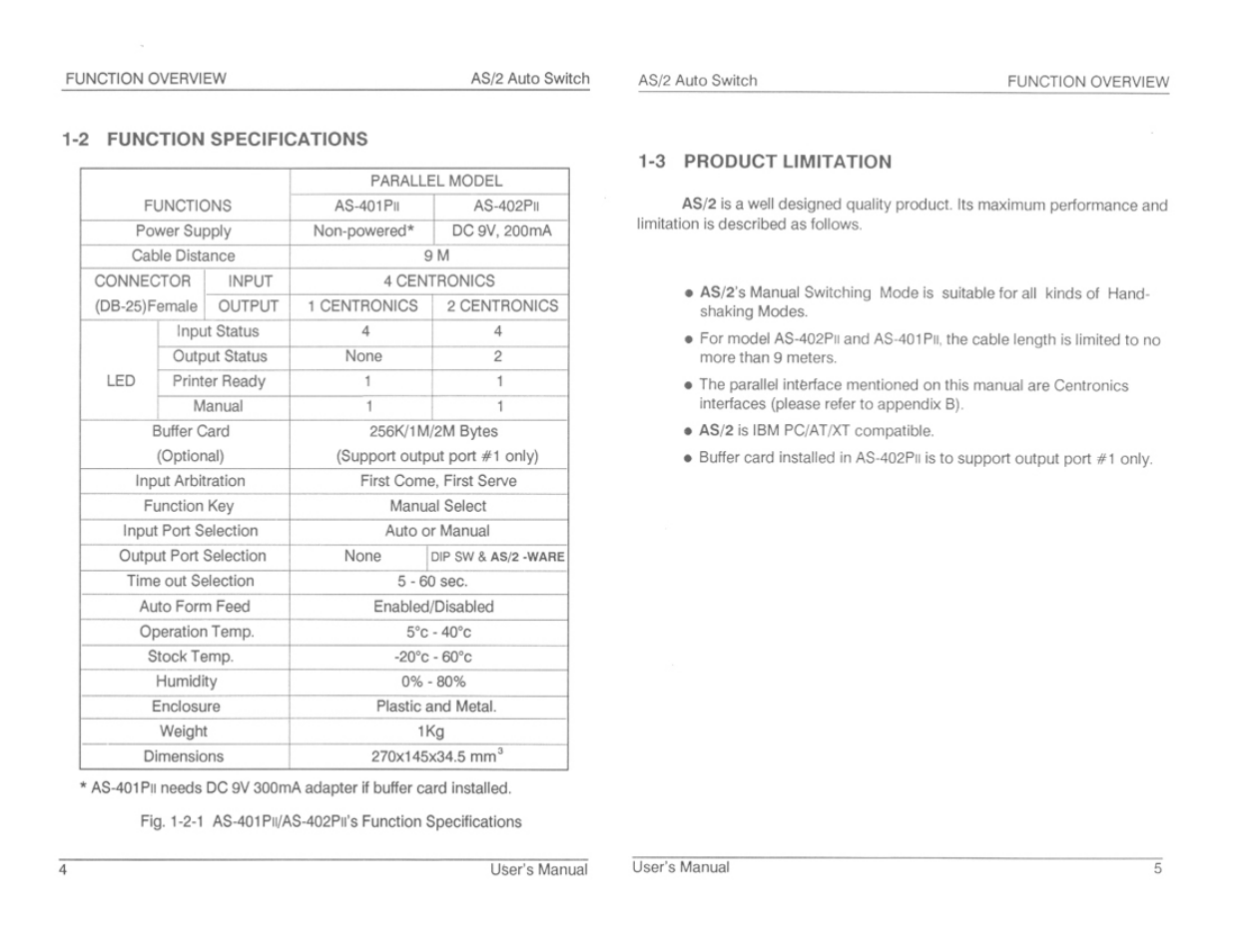 2 functjon specifications, 3 product limitation, 1 -2 function specifications | ATEN AS-402PII User Manual | Page 5 / 11