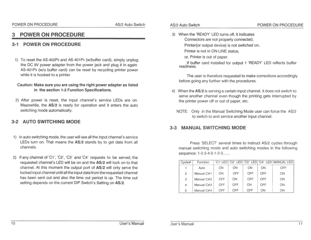 1 power on procedure, 2 auto switching mode, 3 manual switch i mg mode | Auto switching mode, 3 manual switching mode, 3 power on procedure | ATEN AS-402PII User Manual | Page 8 / 11