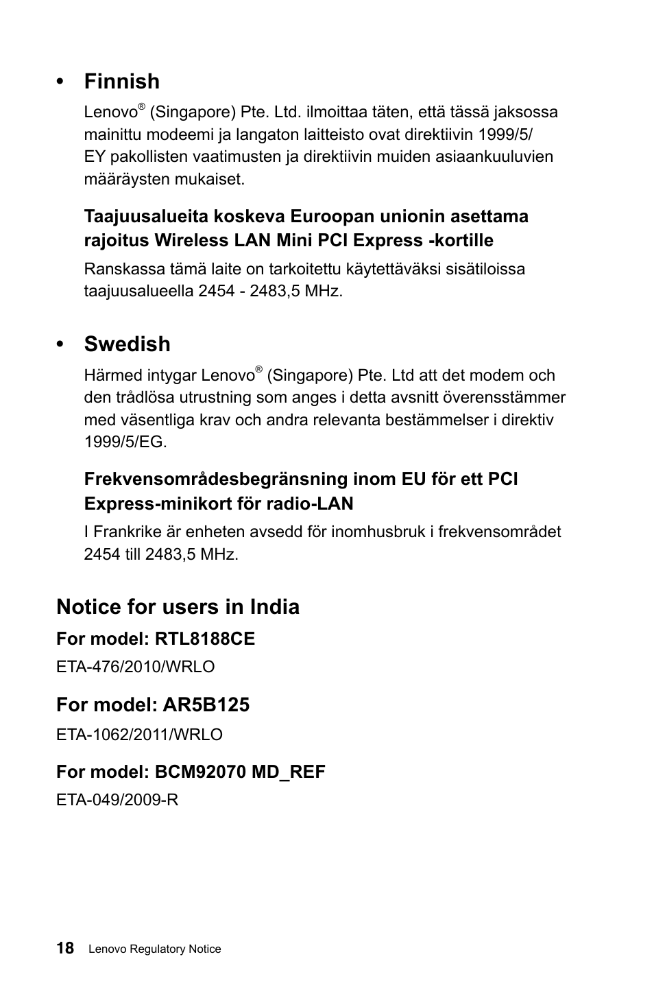 Finnish, Swedish, Notice for users in india | For model: ar5b125 | Lenovo IdeaCentre B540p User Manual | Page 19 / 35