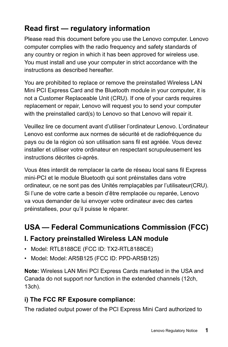 Read first — regulatory information, Usa — federal communications commission (fcc) | Lenovo IdeaCentre B540p User Manual | Page 2 / 35