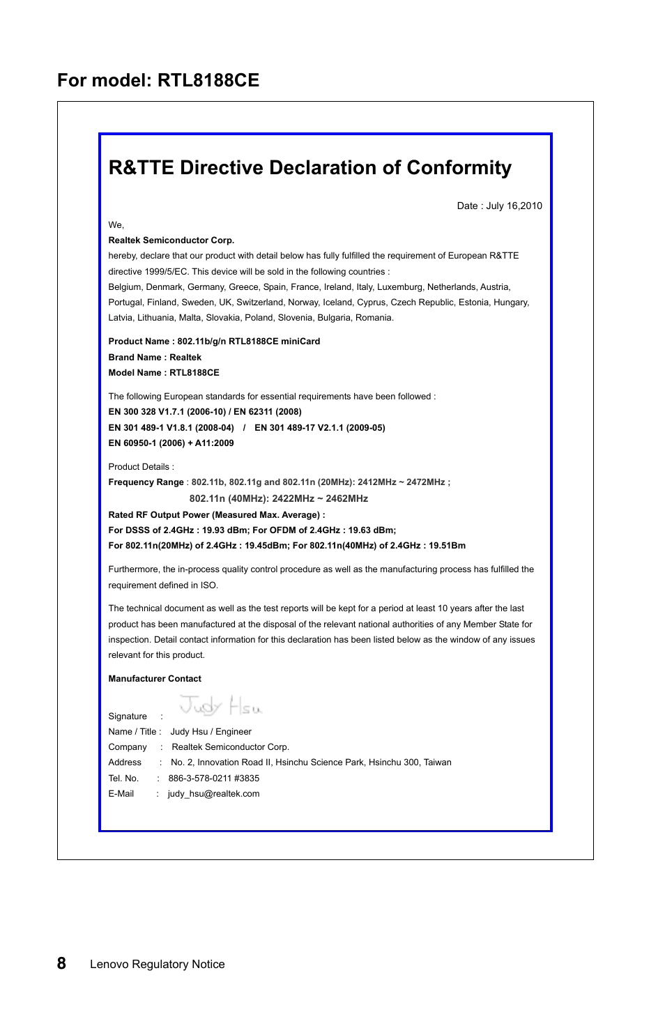 R&tte directive declaration of conformity, For model: rtl8188ce | Lenovo IdeaCentre B540p User Manual | Page 9 / 35