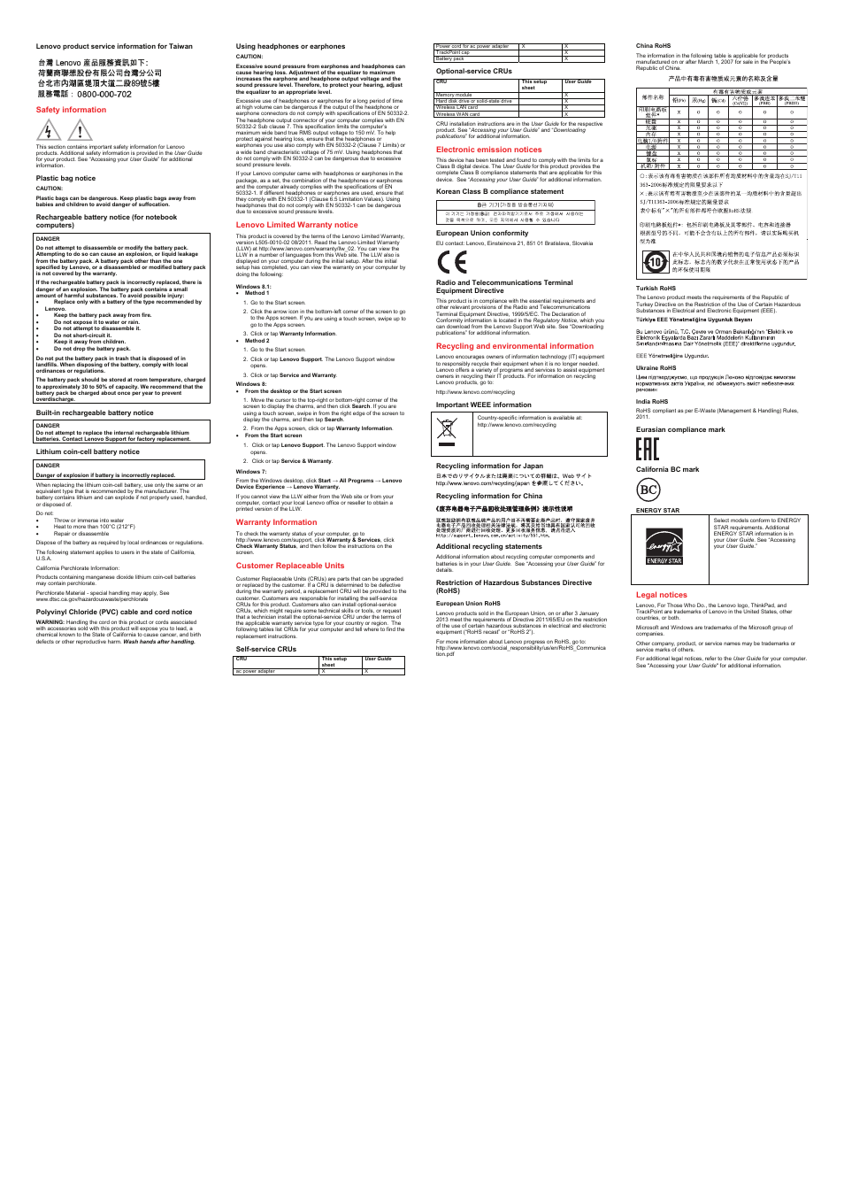 18blenovo product service information for taiwan, 8bsafety information, 19bplastic bag notice | 21bbuilt-in rechargeable battery notice, 22blithium coin-cell battery notice, 23bpolyvinyl chloride (pvc) cable and cord notice, 24busing headphones or earphones, 9blenovo limited warranty notice, 10bwarranty information, 11bcustomer replaceable units | Lenovo ThinkPad X240 User Manual | Page 2 / 2