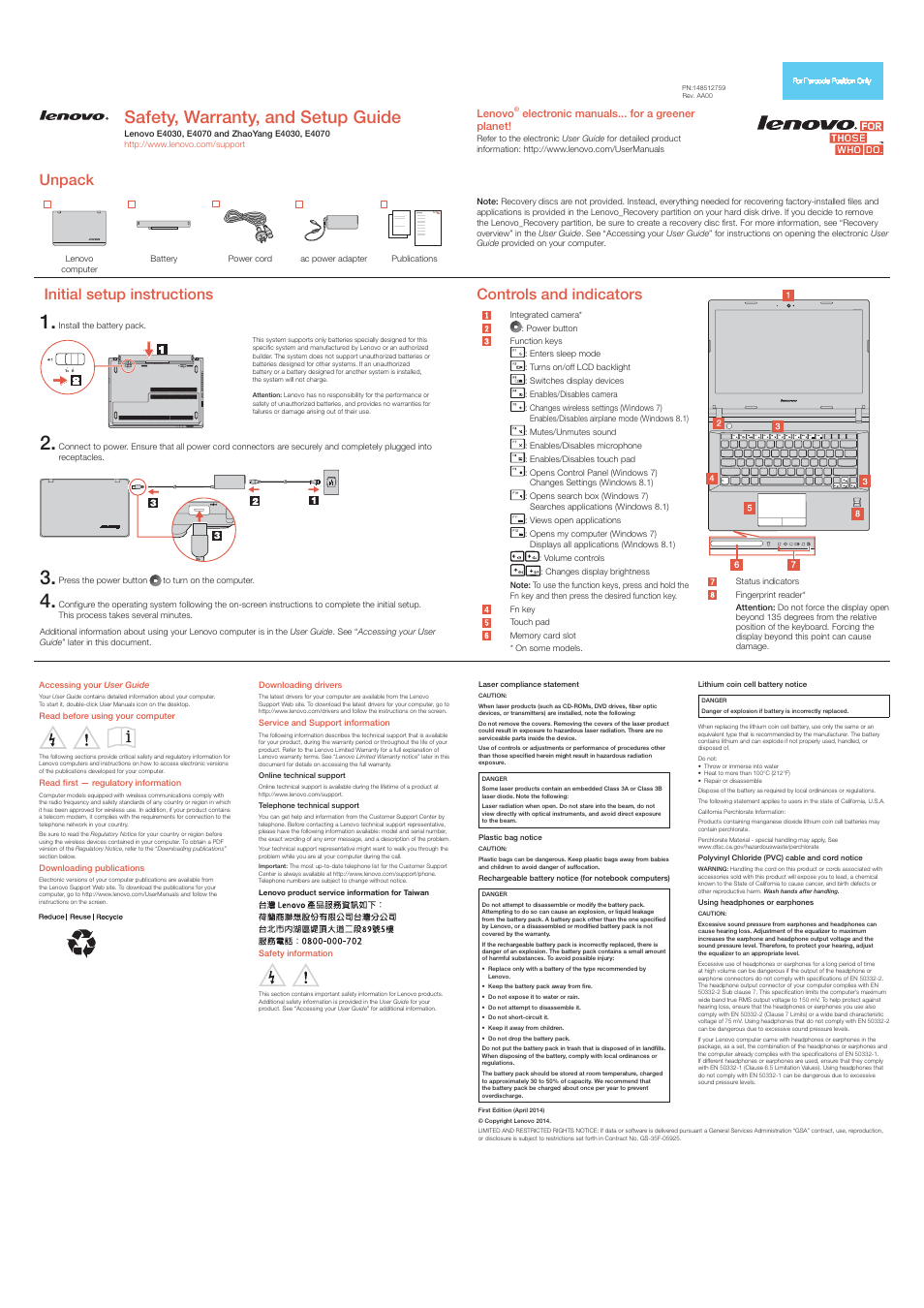 Lenovo E40-30 Notebook User Manual | 2 pages