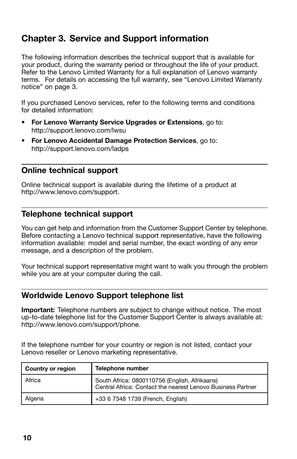 Chapter 3. service and support information, Online technical support, Telephone technical support | Worldwide lenovo support telephone list | Lenovo ThinkPad X1 Carbon Type 20A7 20A8 User Manual | Page 10 / 24