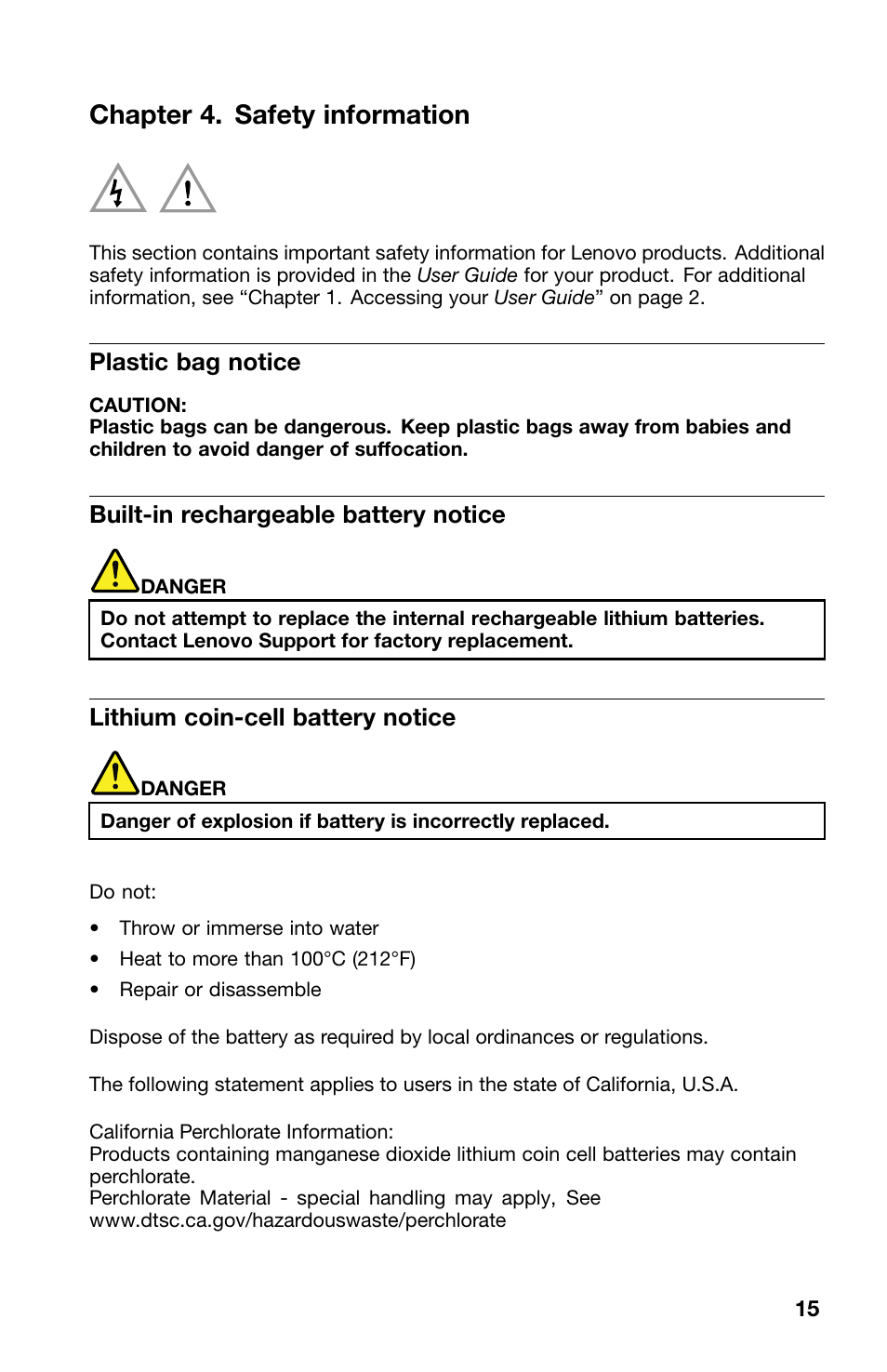 Chapter 4. safety information, Plastic bag notice, Built-in rechargeable battery notice | Lithium coin-cell battery notice | Lenovo ThinkPad X1 Carbon Type 20A7 20A8 User Manual | Page 15 / 24