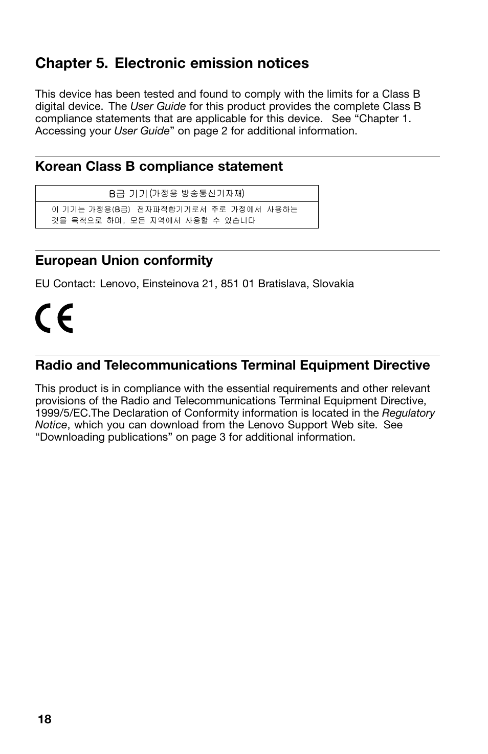 Chapter 5. electronic emission notices, Korean class b compliance statement, European union conformity | Lenovo ThinkPad X1 Carbon Type 20A7 20A8 User Manual | Page 18 / 24