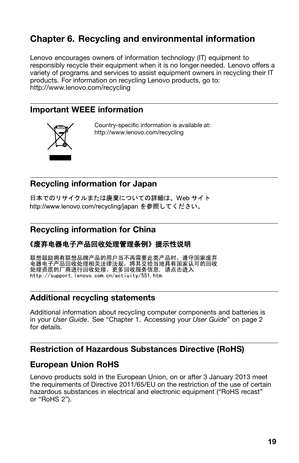 Chapter 6. recycling and environmental information, Important weee information, Recycling information for japan | Recycling information for china, Additional recycling statements, European union rohs | Lenovo ThinkPad X1 Carbon Type 20A7 20A8 User Manual | Page 19 / 24