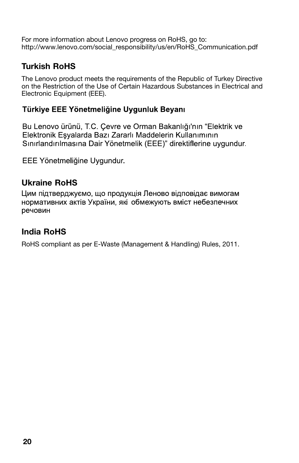 Turkish rohs, Ukraine rohs, India rohs | Lenovo ThinkPad X1 Carbon Type 20A7 20A8 User Manual | Page 20 / 24