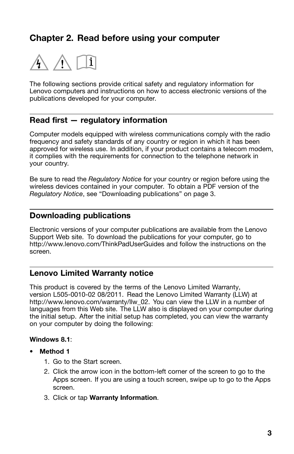 Chapter 2. read before using your computer, Read first — regulatory information, Downloading publications | Lenovo limited warranty notice | Lenovo ThinkPad X1 Carbon Type 20A7 20A8 User Manual | Page 3 / 24