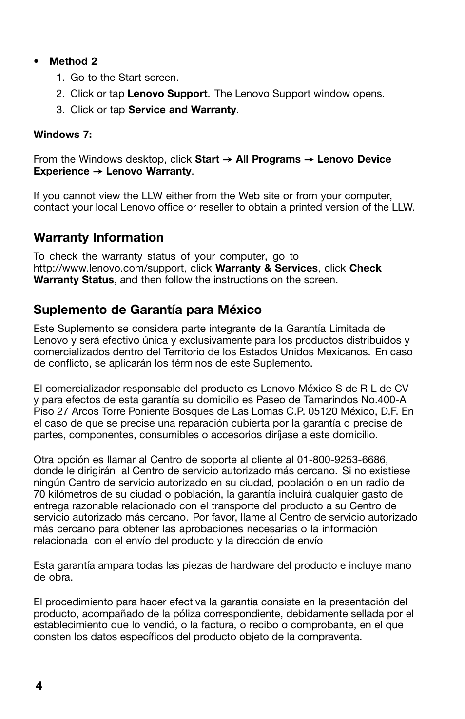 Warranty information, Suplemento de garantía para méxico | Lenovo ThinkPad X1 Carbon Type 20A7 20A8 User Manual | Page 4 / 24
