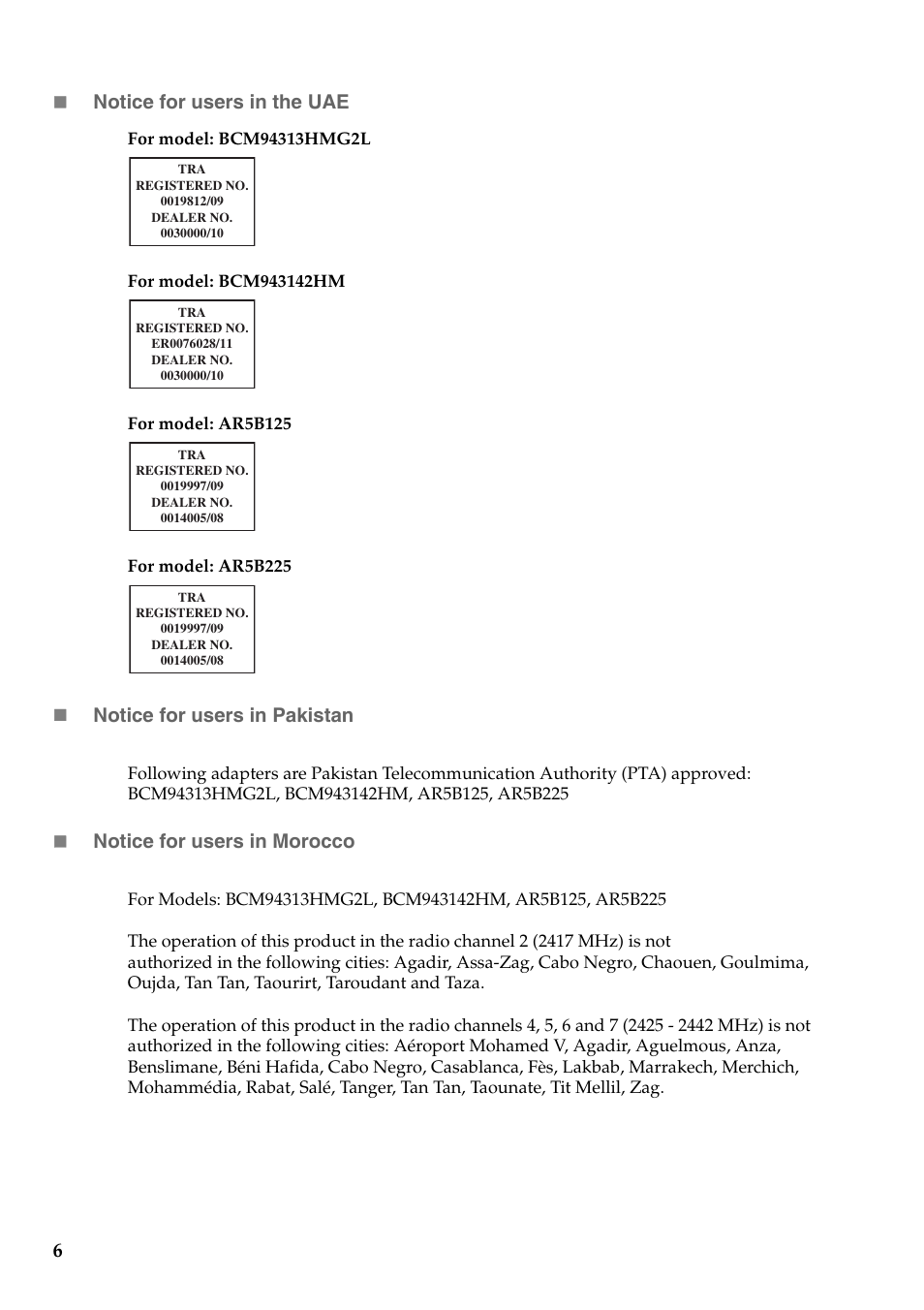 6 notice for users in the uae, Notice for users in pakistan, Notice for users in morocco | Lenovo G710 Notebook User Manual | Page 7 / 15