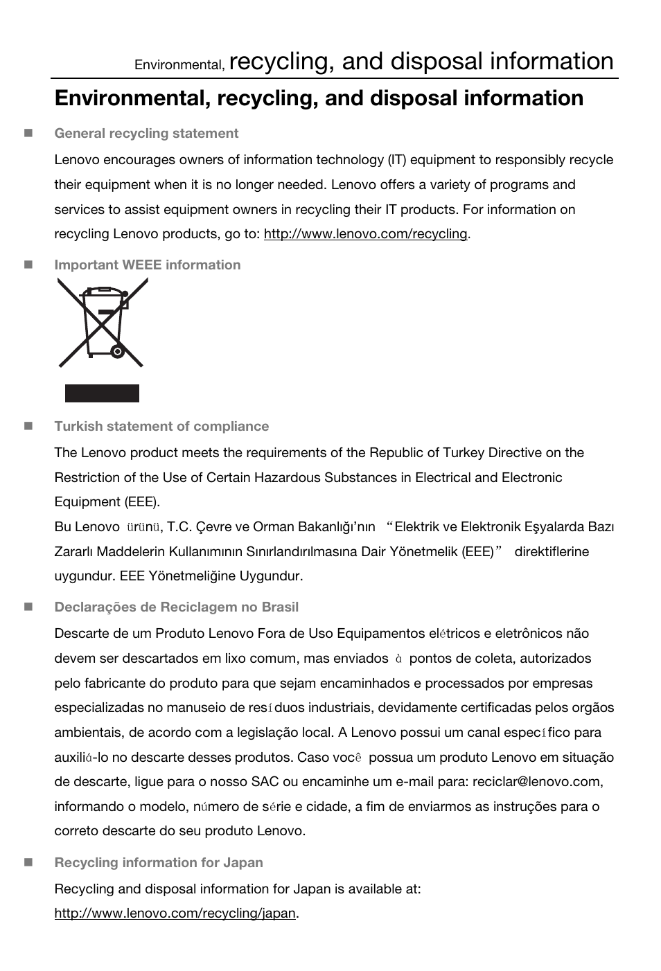 Recycling, and disposal information, Environmental, recycling, and disposal information | Lenovo S6000 Tablet User Manual | Page 12 / 22