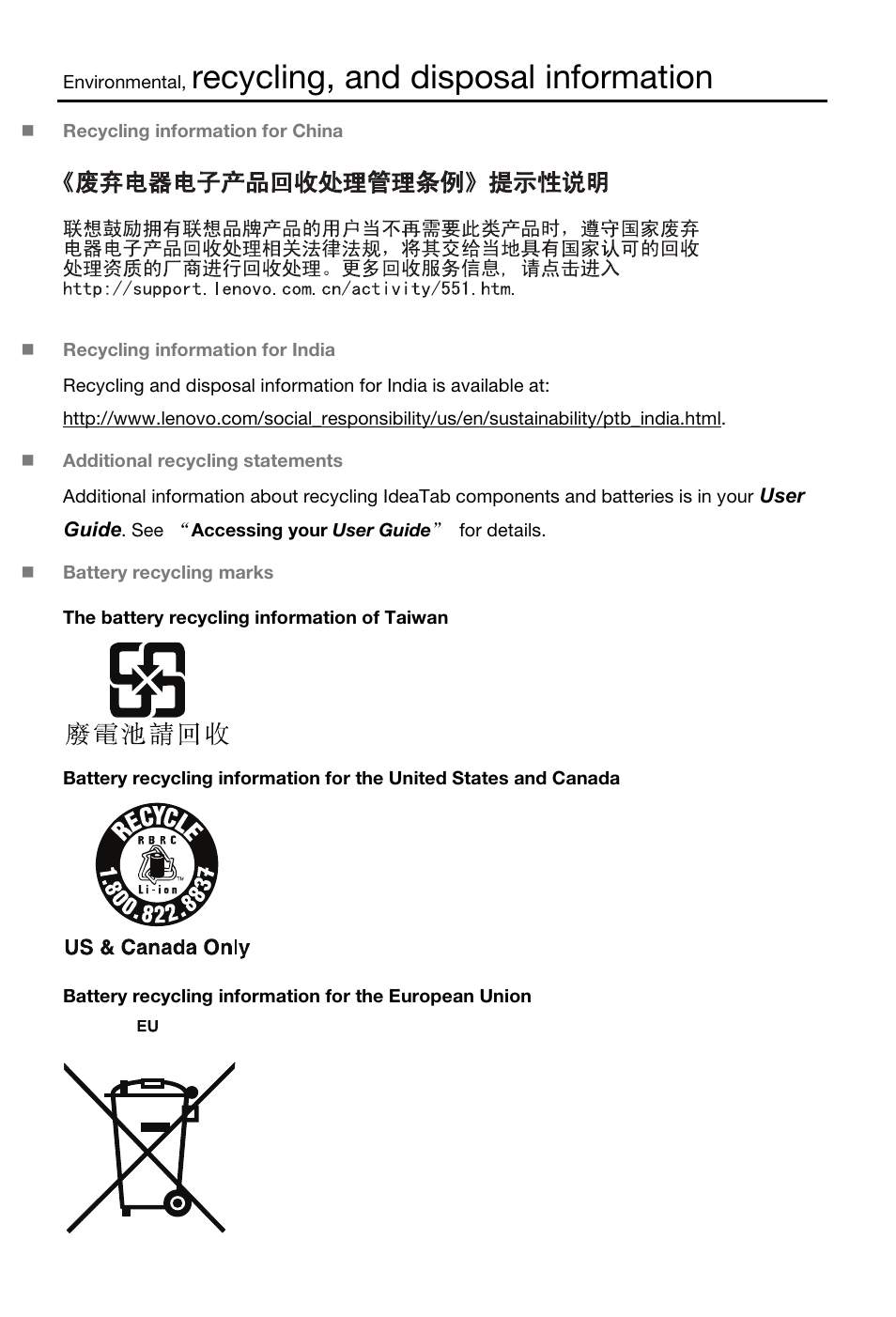 Recycling, and disposal information | Lenovo S6000 Tablet User Manual | Page 13 / 22