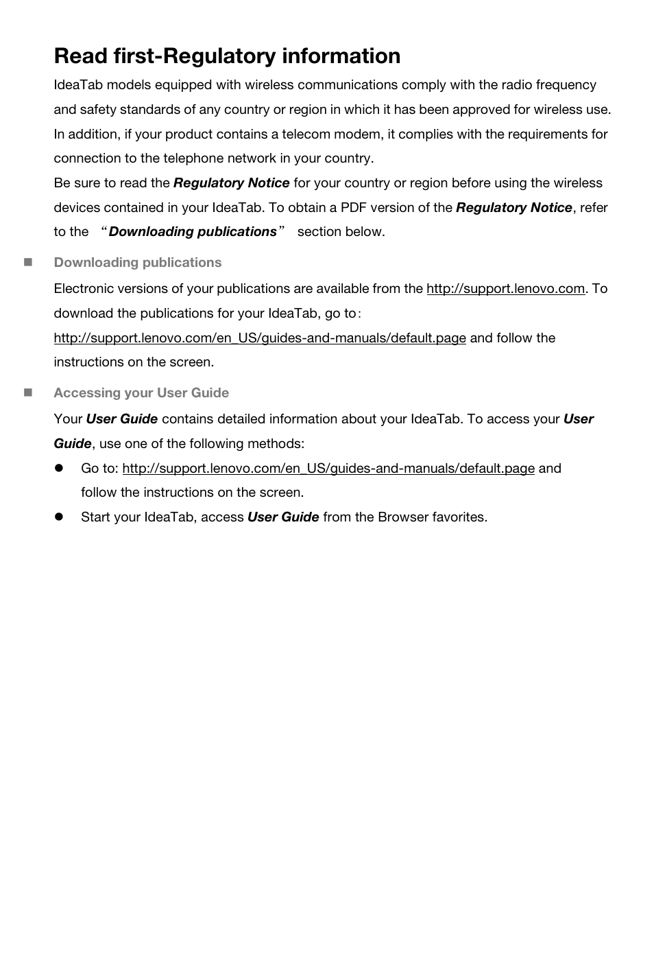 Read first-regulatory information | Lenovo S6000 Tablet User Manual | Page 2 / 22