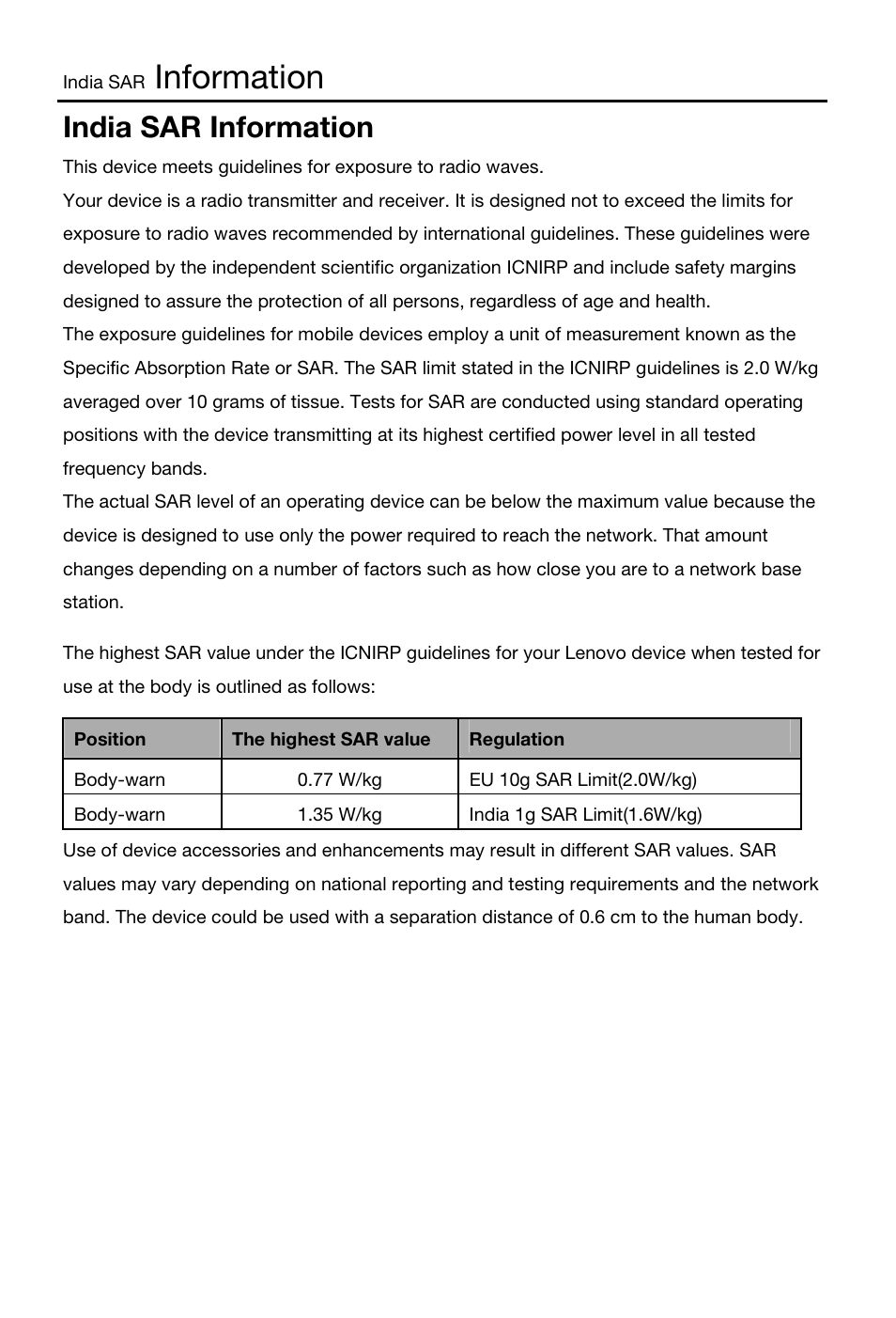 Information, India sar information | Lenovo S6000 Tablet User Manual | Page 21 / 22