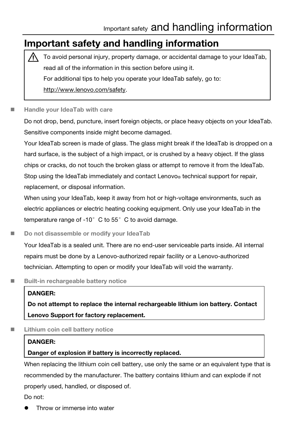 And handling information, Important safety and handling information | Lenovo S6000 Tablet User Manual | Page 4 / 22