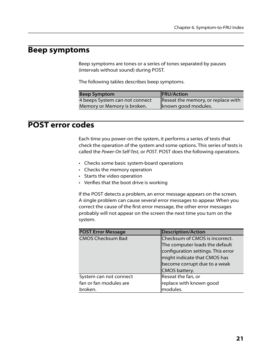 Beep symptoms, Post error codes | Lenovo IdeaCentre B520 User Manual | Page 23 / 73