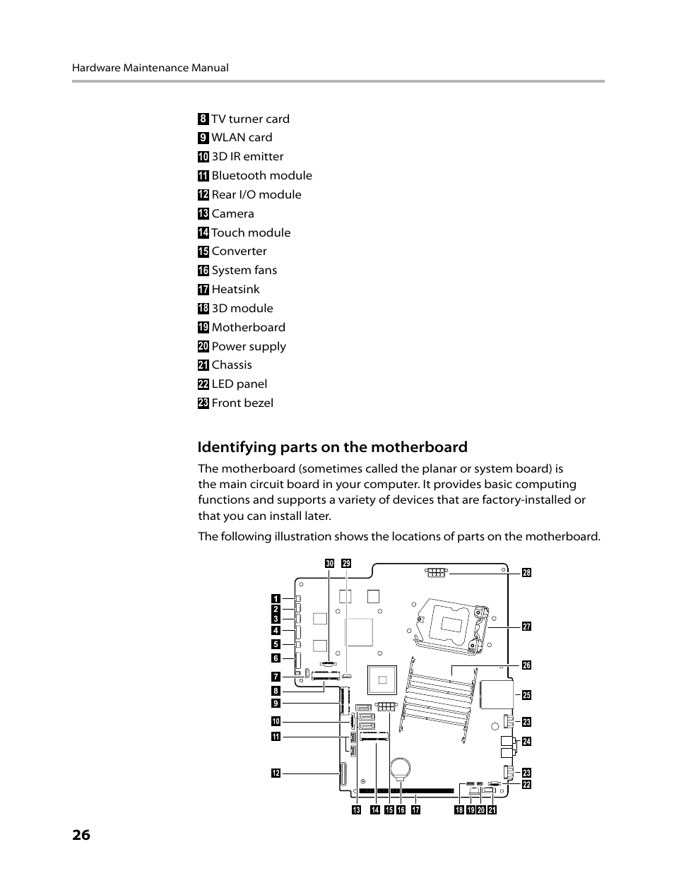 Identifying parts on the motherboard | Lenovo IdeaCentre B520 User Manual | Page 28 / 73