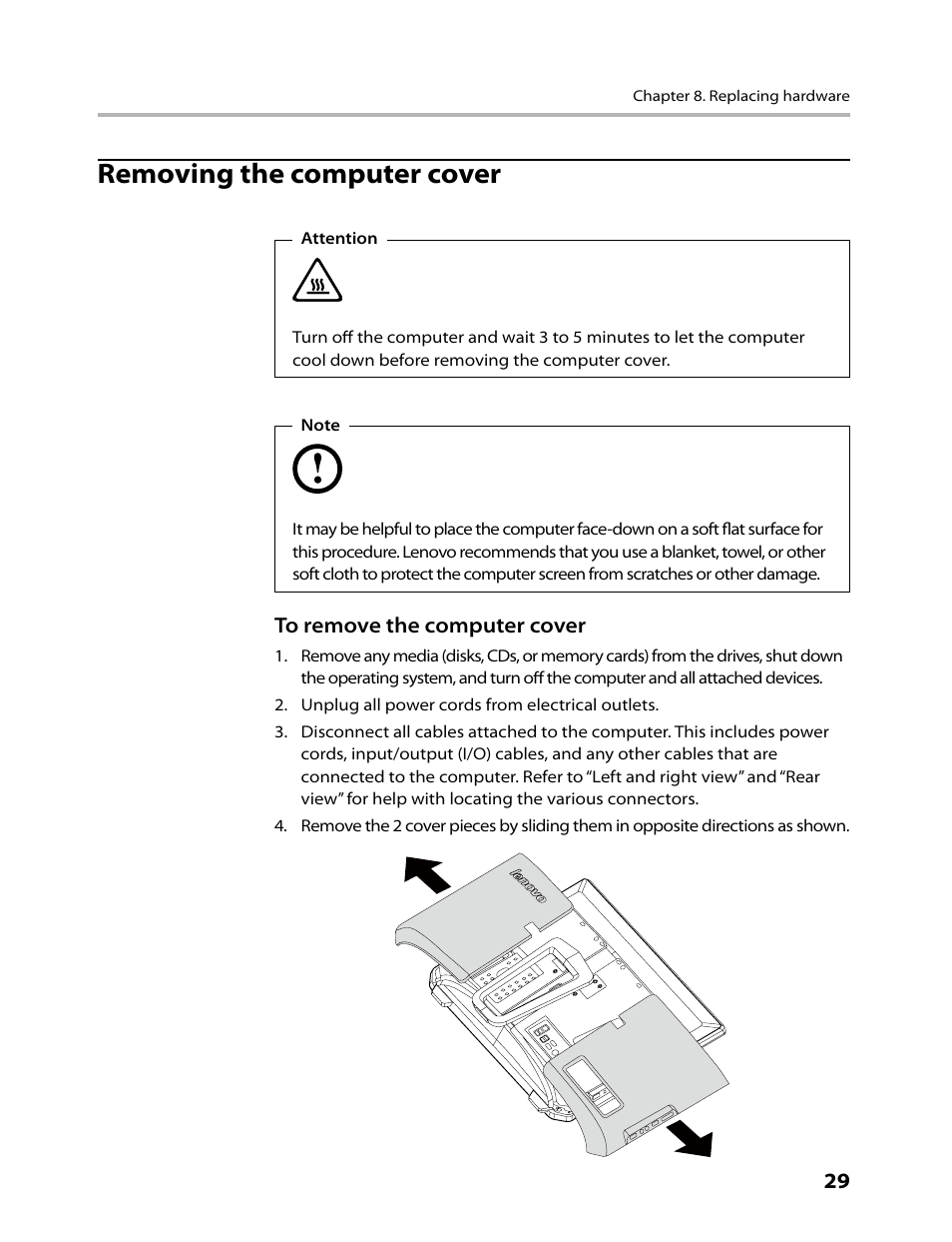 Removing the computer cover | Lenovo IdeaCentre B520 User Manual | Page 31 / 73