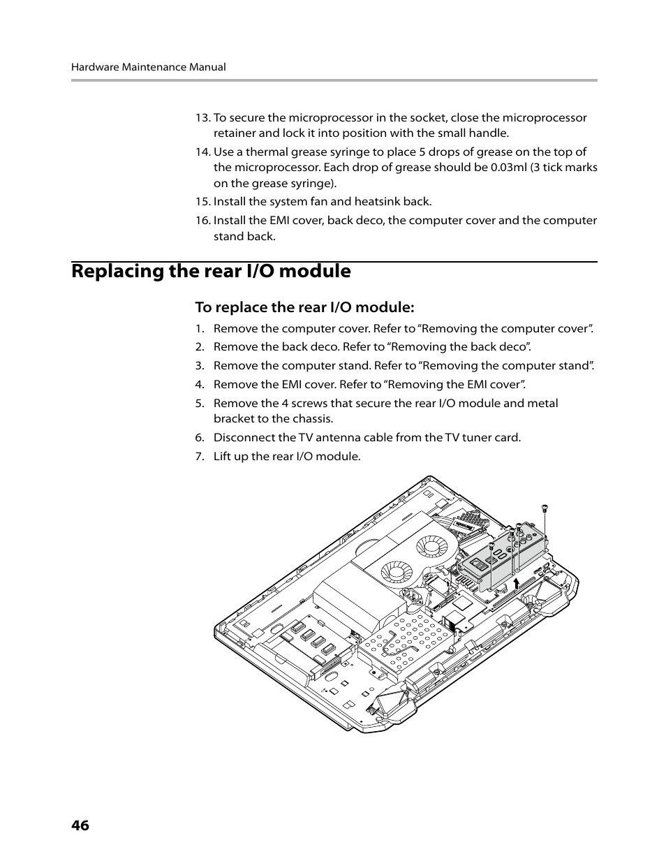 Replacing the rear i/o module | Lenovo IdeaCentre B520 User Manual | Page 48 / 73