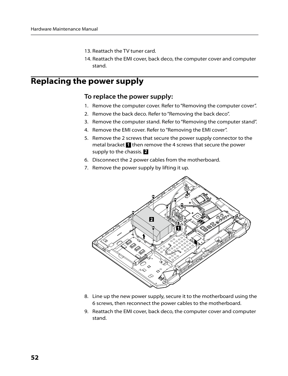 Replacing the power supply | Lenovo IdeaCentre B520 User Manual | Page 54 / 73