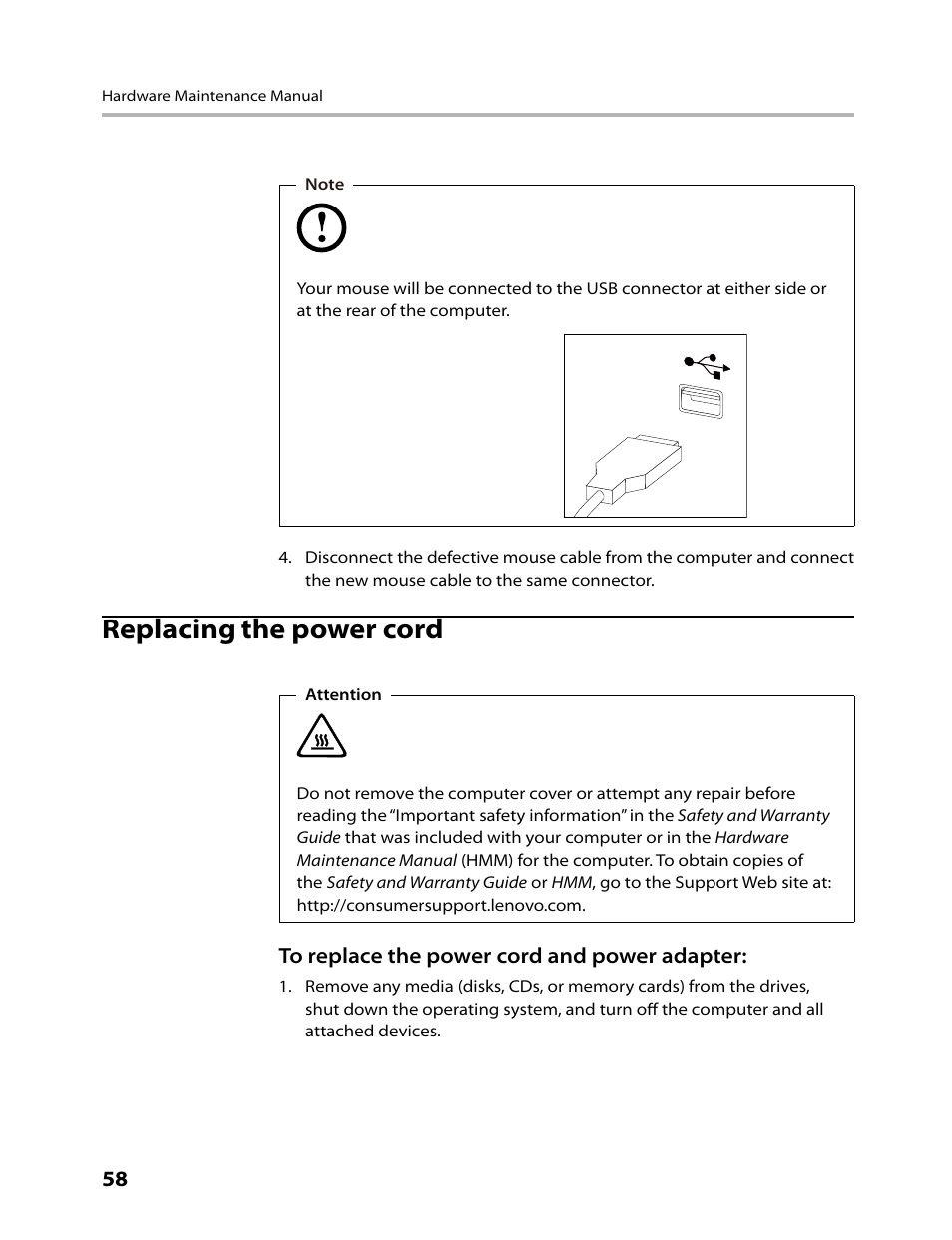 Replacing the power cord | Lenovo IdeaCentre B520 User Manual | Page 60 / 73