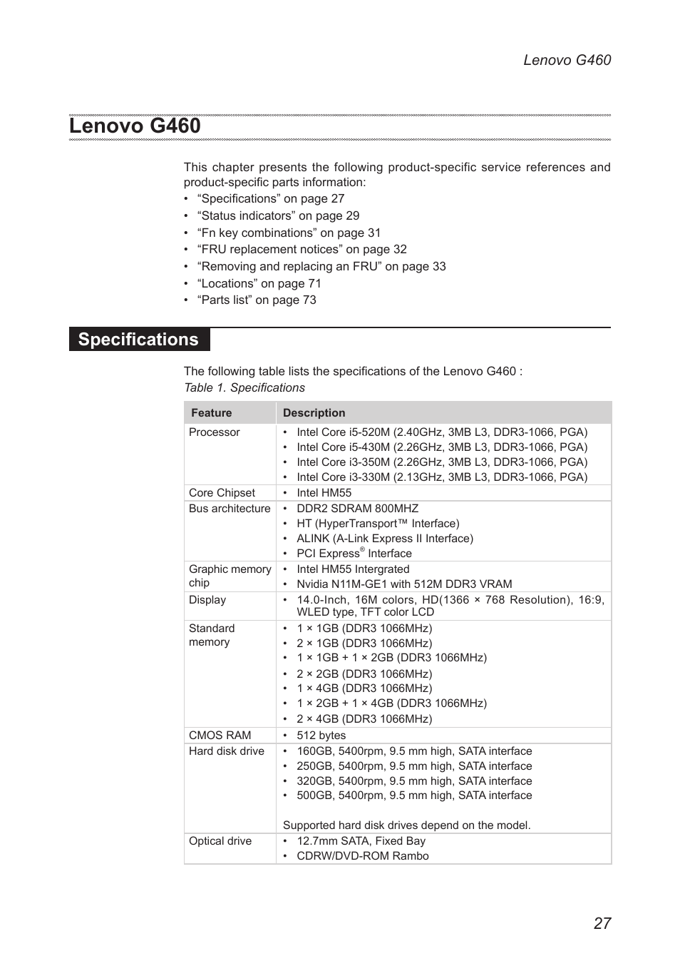 Lenovo g460, Specifications | Lenovo G460 Notebook User Manual | Page 31 / 91