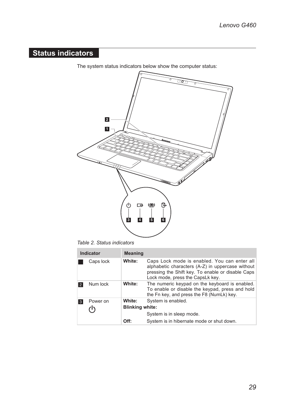 Status indicators, Lenovo g460 | Lenovo G460 Notebook User Manual | Page 33 / 91