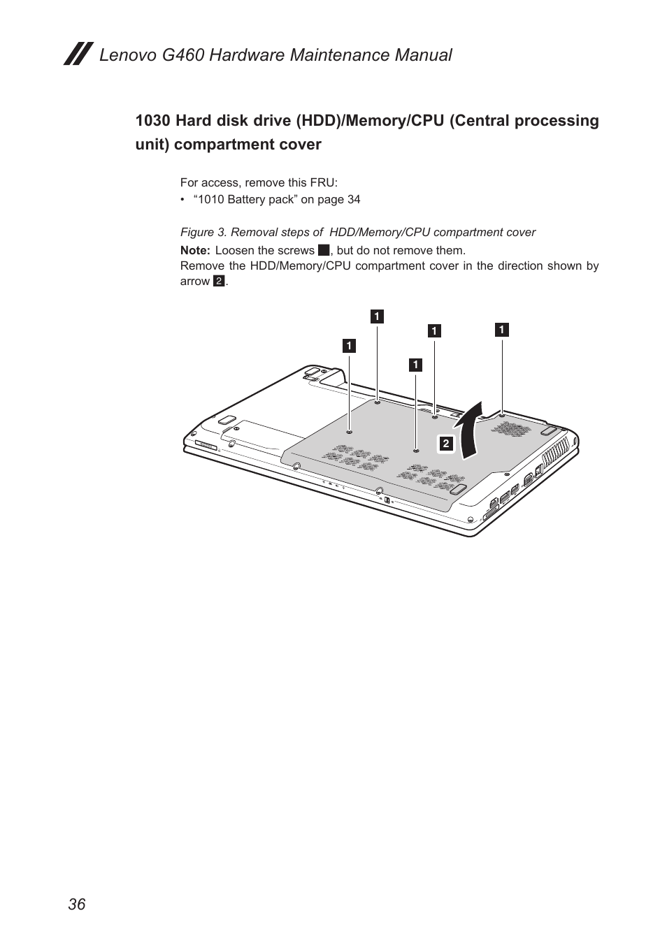 1030 hard disk drive (hdd)/memory/cpu, Central processing unit) compartment cover, Lenovo g460 hardware maintenance manual | Lenovo G460 Notebook User Manual | Page 40 / 91