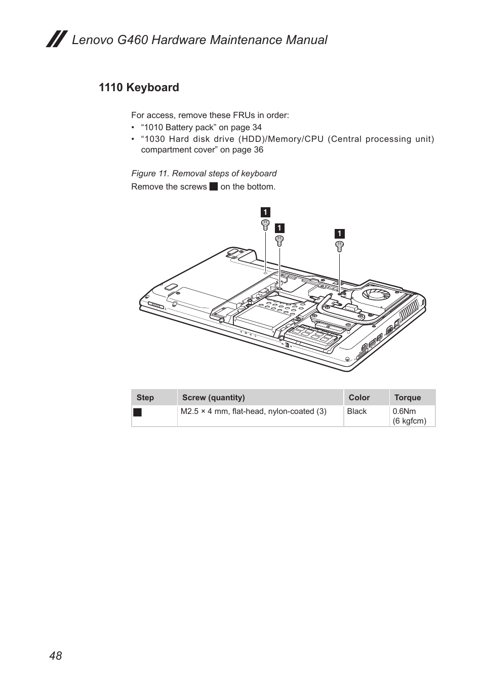 1110 keyboard, Lenovo g460 hardware maintenance manual | Lenovo G460 Notebook User Manual | Page 52 / 91