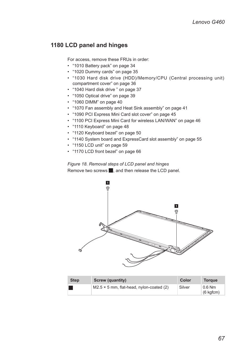 1180 lcd panel and hinges | Lenovo G460 Notebook User Manual | Page 71 / 91