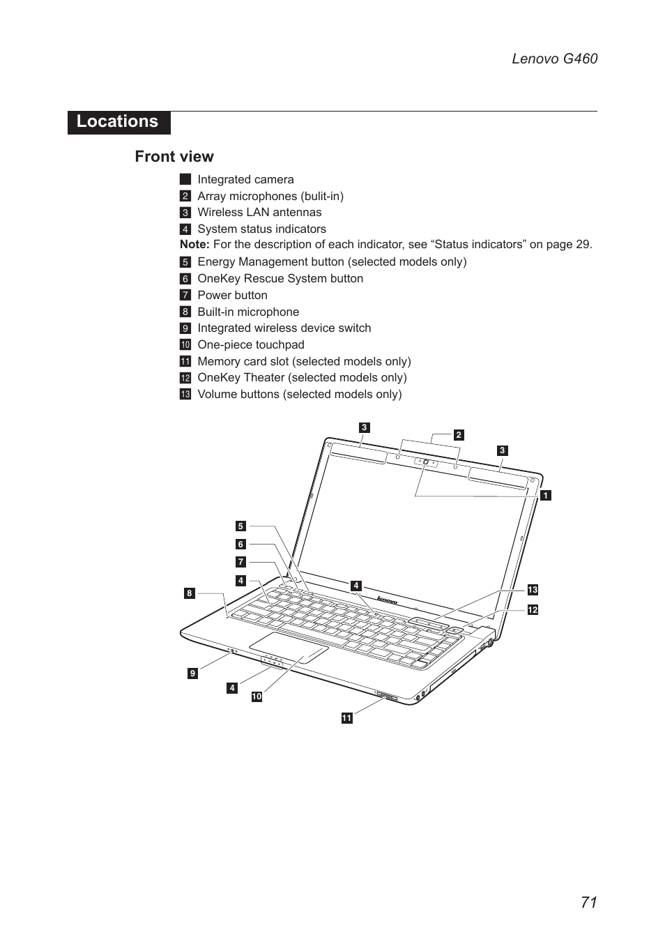 Locations, Front view | Lenovo G460 Notebook User Manual | Page 75 / 91