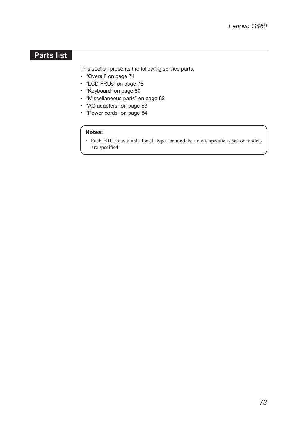 Parts list | Lenovo G460 Notebook User Manual | Page 77 / 91