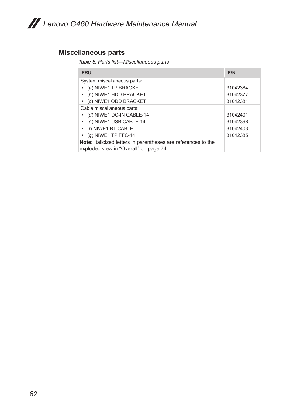 Miscellaneous parts, Lenovo g460 hardware maintenance manual | Lenovo G460 Notebook User Manual | Page 86 / 91