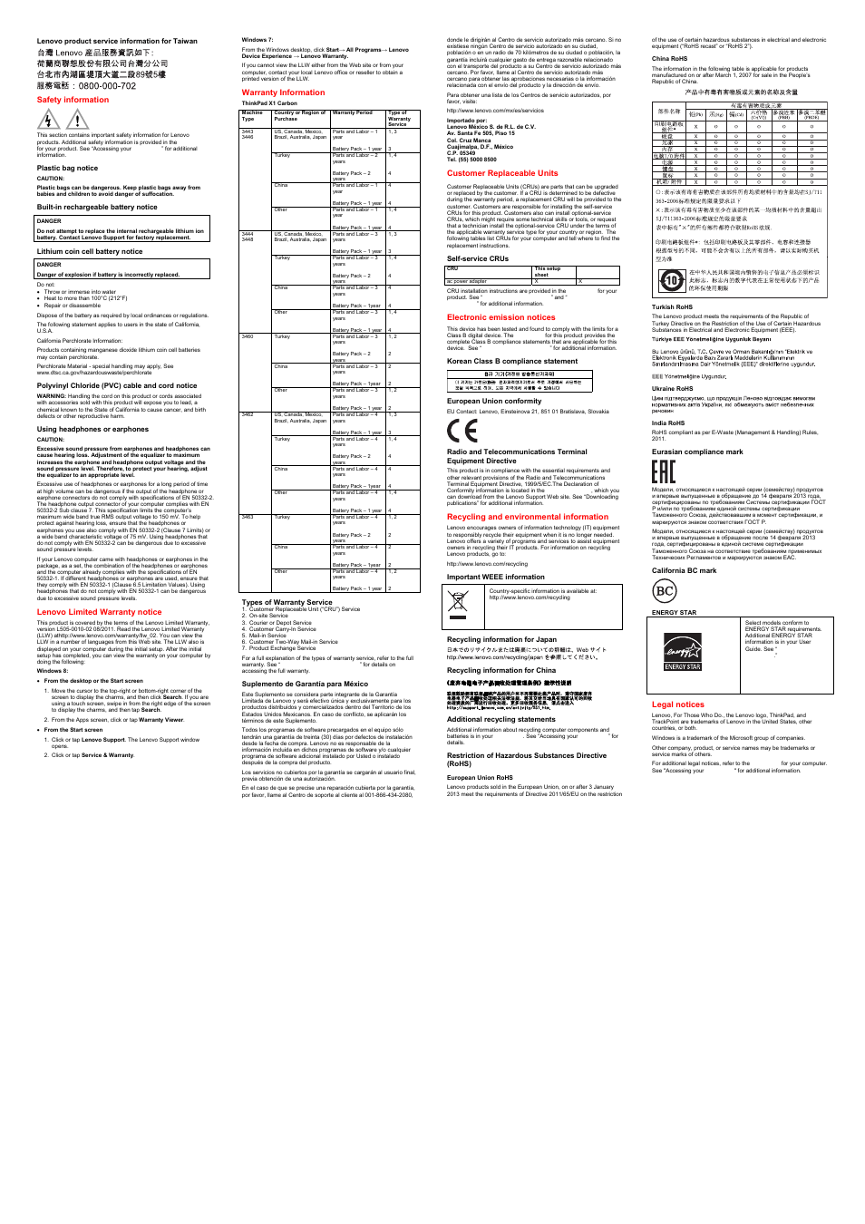 Lenovo product service information for taiwan, Safety information, Plastic bag notice | Built-in rechargeable battery notice, Lithium coin cell battery notice, Polyvinyl chloride (pvc) cable and cord notice, Using headphones or earphones, Lenovo limited warranty notice, Warranty information, Types of warranty service | Lenovo ThinkPad X1 Carbon Type 34xx User Manual | Page 2 / 2