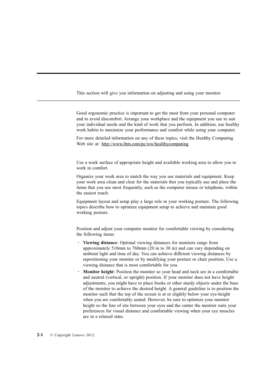 Chapter 2. adjusting and using your monitor, Comfort and accessibility, Arranging your work area | Positioning and viewing your monitor | Lenovo ThinkVision LT1712p Monitor User Manual | Page 13 / 39