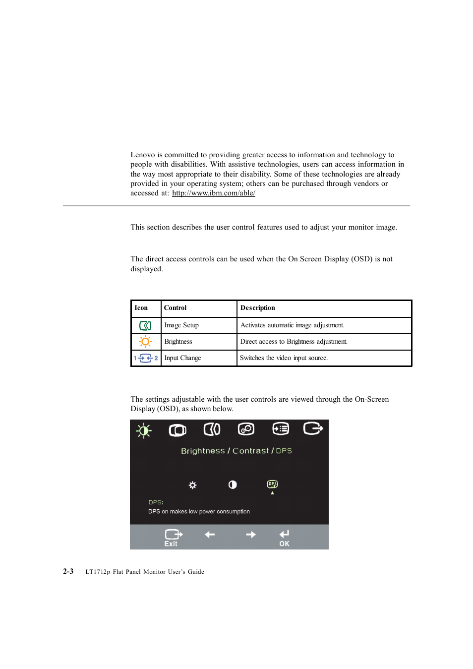 Accessibility information, Adjusting your monitor image, Using the direct access controls | Using the on-screen display (osd) controls | Lenovo ThinkVision LT1712p Monitor User Manual | Page 15 / 39