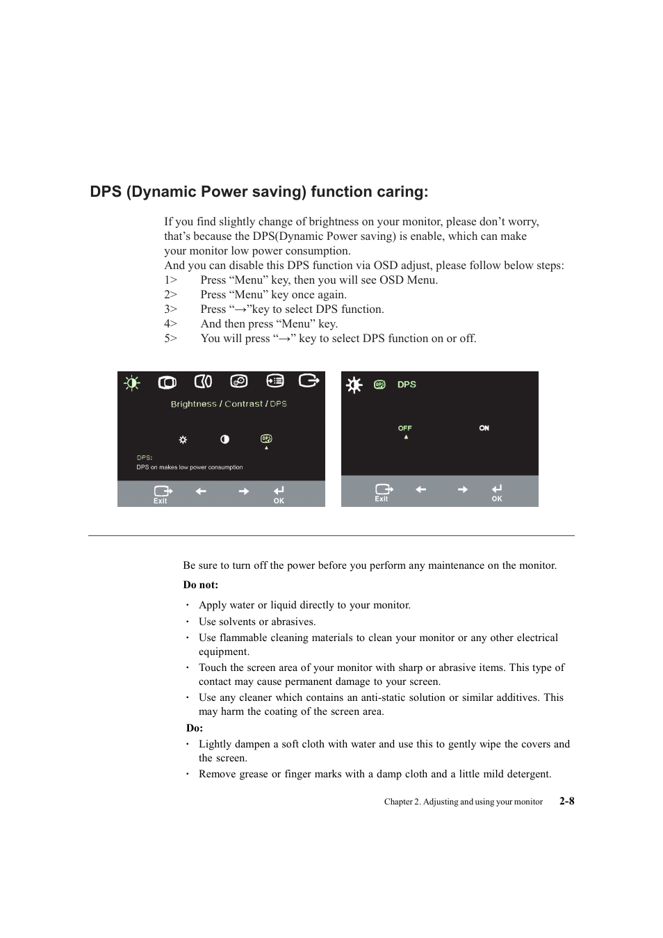 Caring for your monitor, Dps (dynamic power saving) function caring | Lenovo ThinkVision LT1712p Monitor User Manual | Page 20 / 39