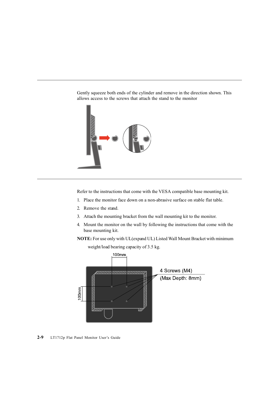Detaching the monitor stand, Wall mounting (optional) | Lenovo ThinkVision LT1712p Monitor User Manual | Page 21 / 39