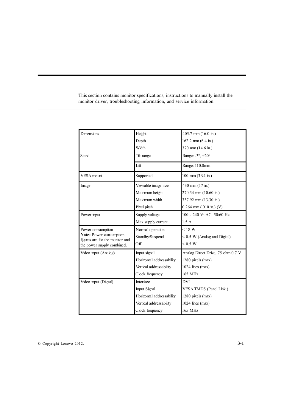 Chapter 3. reference information, Monitor specifications | Lenovo ThinkVision LT1712p Monitor User Manual | Page 22 / 39