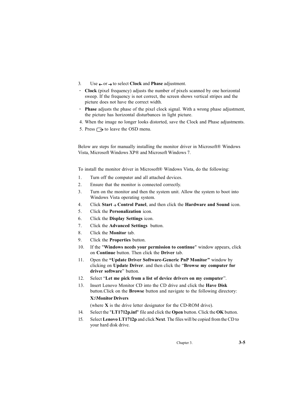Manually installing the monitor driver, Installing the monitor driver in windows vista | Lenovo ThinkVision LT1712p Monitor User Manual | Page 26 / 39