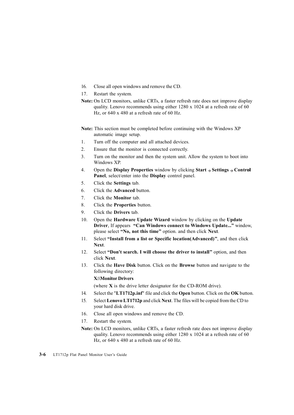 Installing the monitor driver in windows xp | Lenovo ThinkVision LT1712p Monitor User Manual | Page 27 / 39