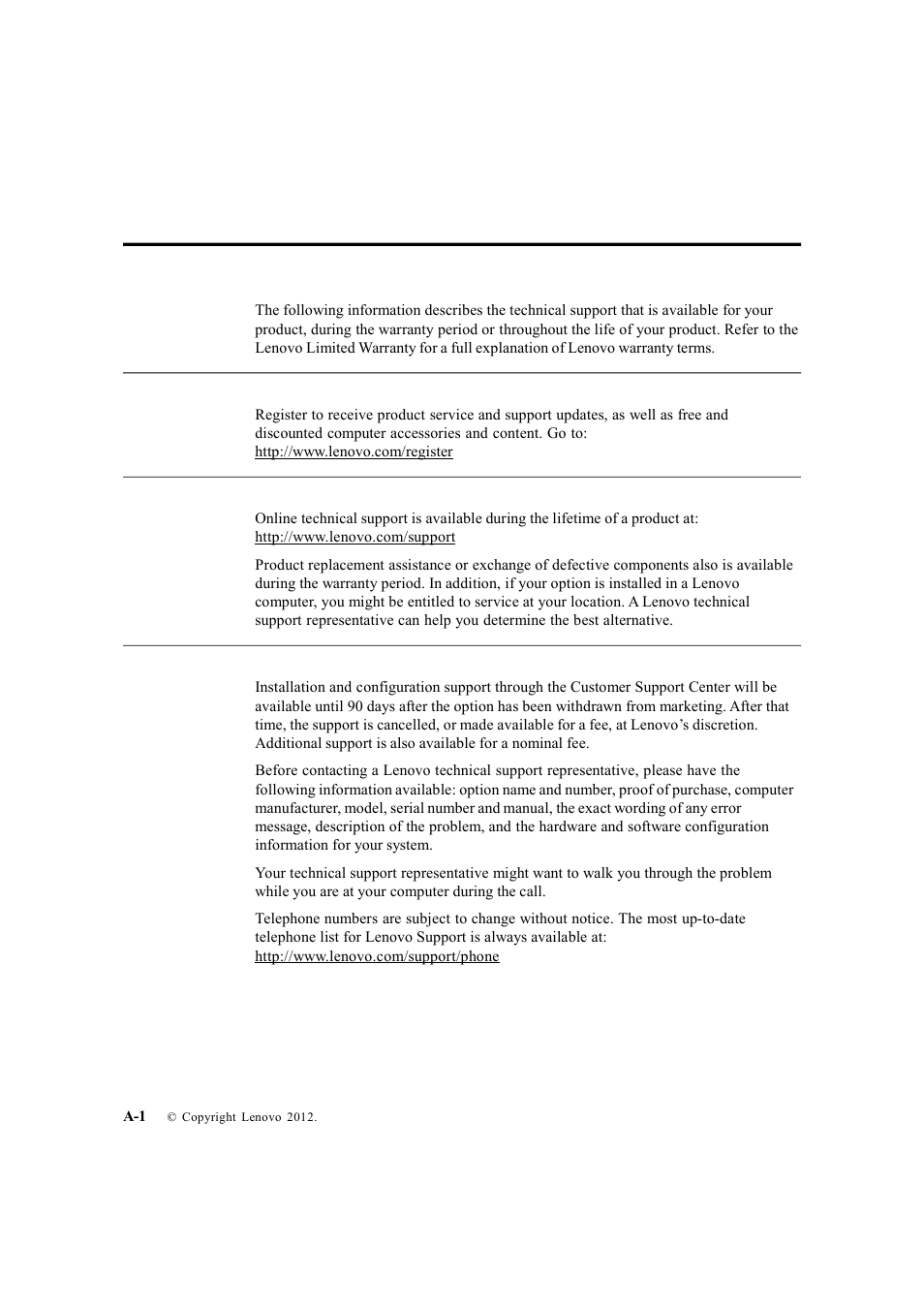 Appendix a. service and support, Registering your option, Online technical support | Telephone technical support, Appendix a, "service | Lenovo ThinkVision LT1712p Monitor User Manual | Page 31 / 39