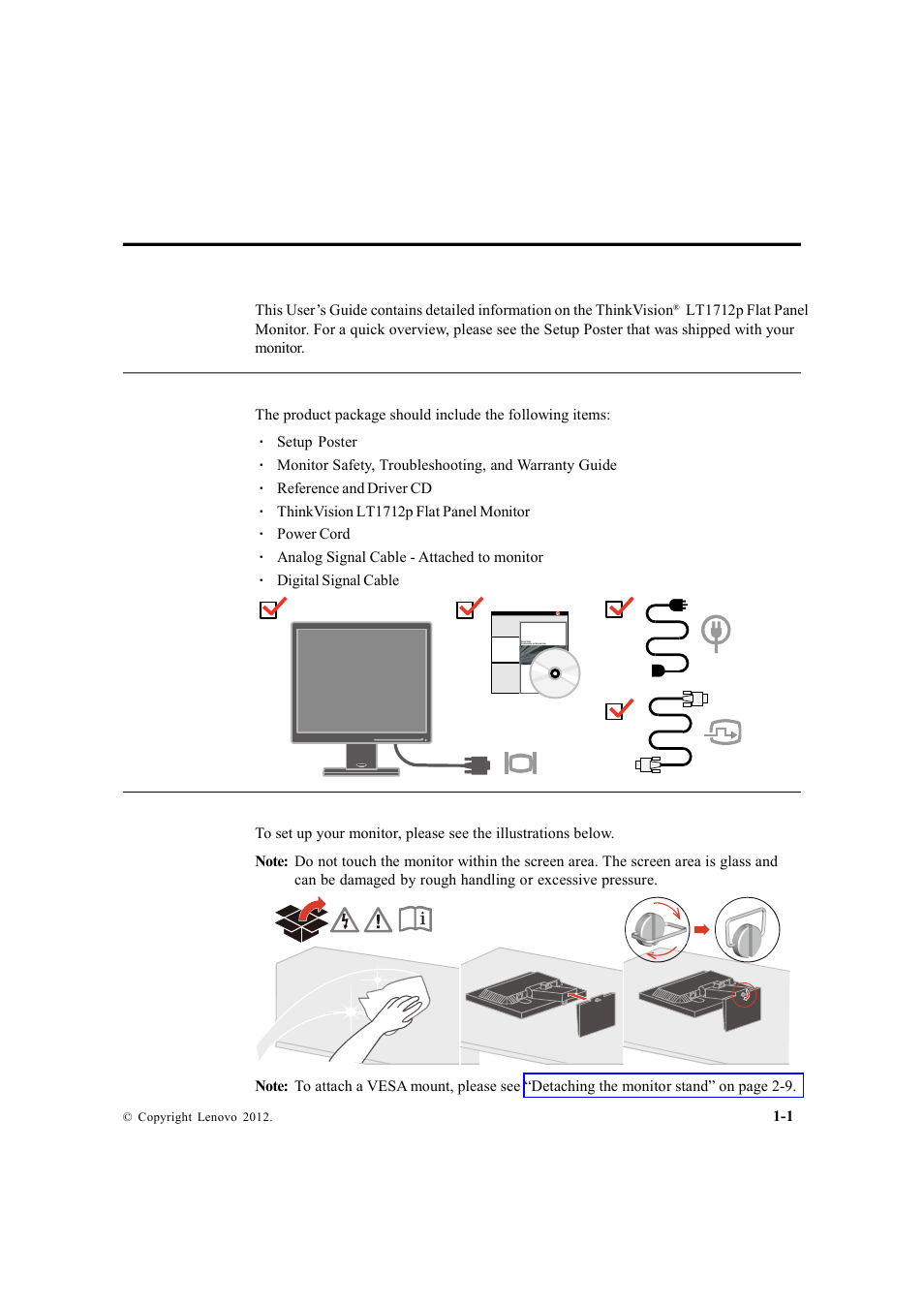 Chapter 1. getting started, Shipping contents, Attaching the base and handling your monitor | Lenovo ThinkVision LT1712p Monitor User Manual | Page 5 / 39