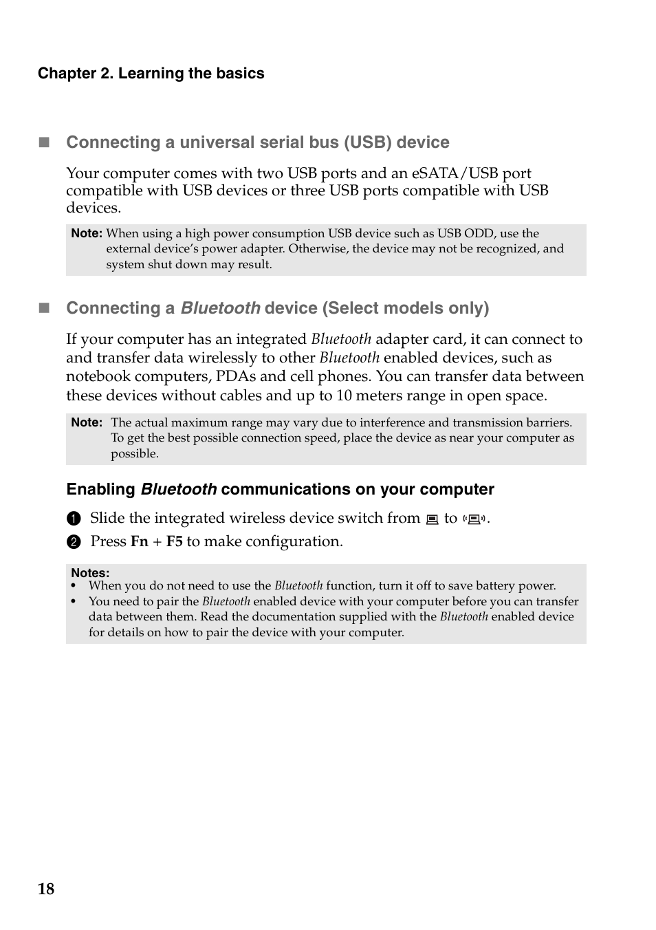 Connecting a universal serial bus (usb) device, Connecting a bluetooth device (select models only) | Lenovo IdeaPad Z360 User Manual | Page 22 / 68